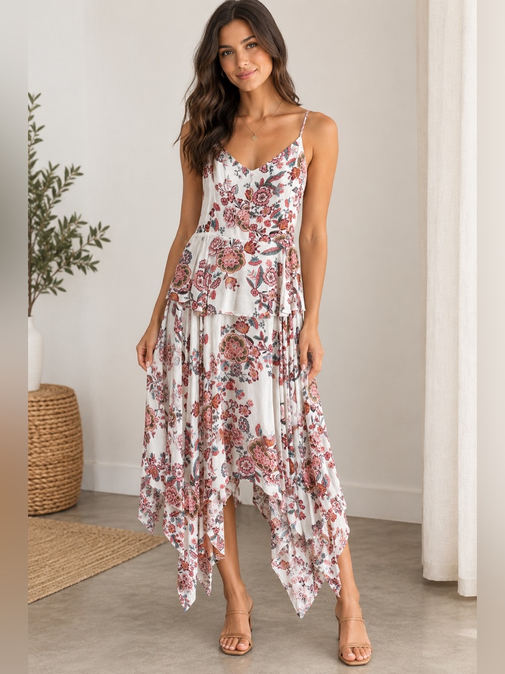 Floral White Handkerchief-Hem Dress with Spaghetti Straps